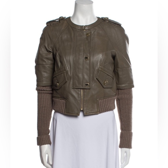 TORY BURCH Green Lambskin & Sweater-Sleeved Biker Jacket Sz XS - Picture 3 of 12